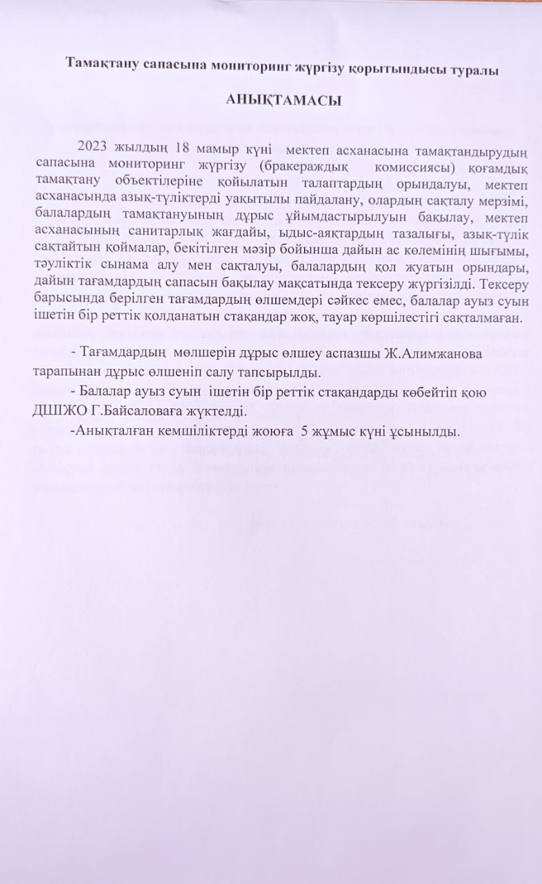 ТАМАҚТАНУ САПАСЫНА МОНИТОРИНГ ЖҮРГІЗУ АКТІСІ