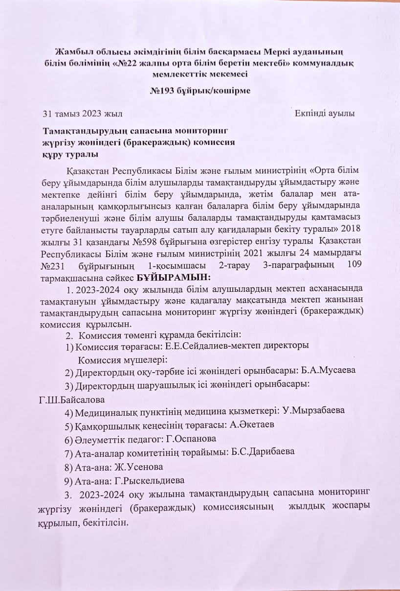 Тамақтандырудың сапасына мониторинг жүргізу жөніндегі (бракераждық) комиссия құру туралы