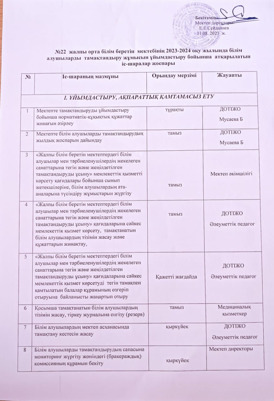 2023-2024 оқу жылында білім алушыларды тамақтандыру жұмысын ұйымдастыру бойынша атқарылатын іс - шаралар жоспары