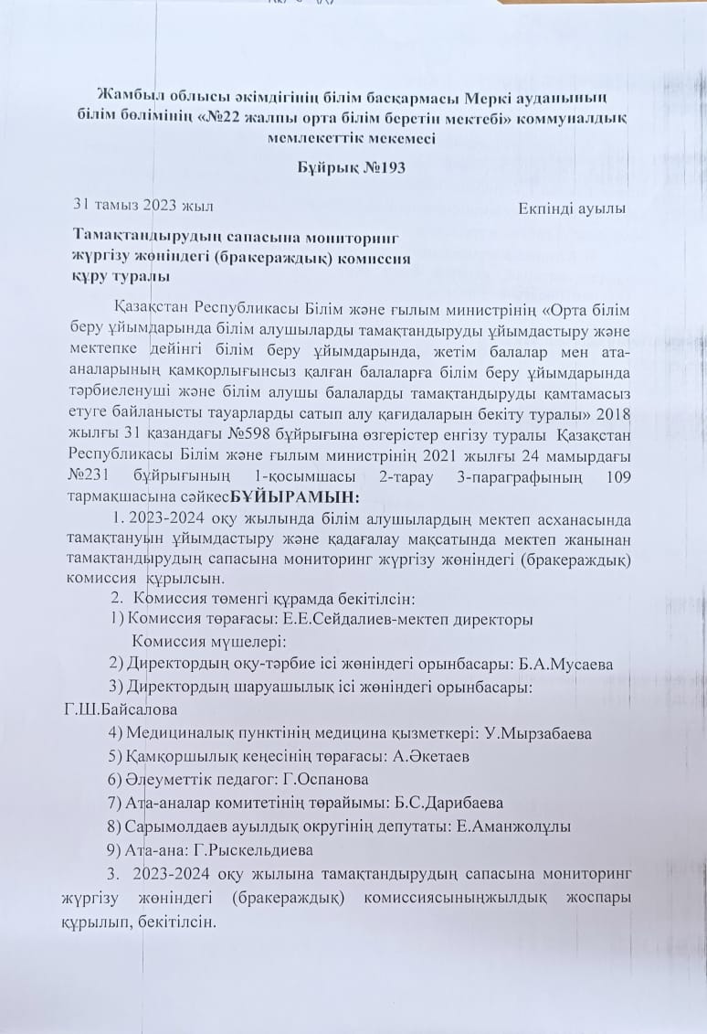 Тамақтандырудың сапасына мониторинг жүргізу жөніндегі комиссия құру туралы