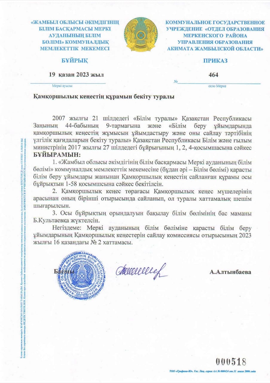 Қамқоршылық кеңестің құрамын бекіту туралы