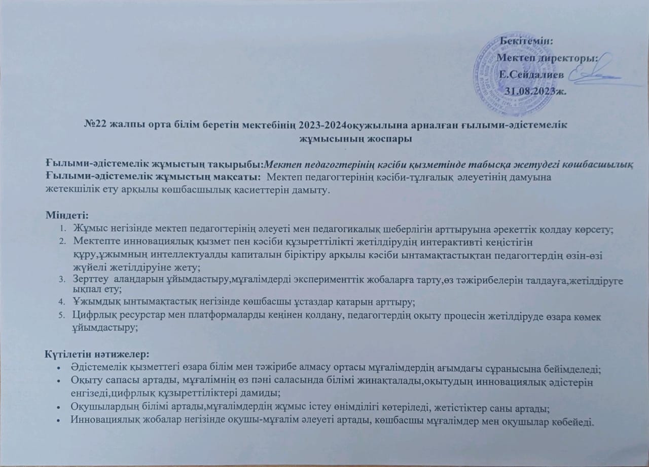 2023-2024 оқу жылына арналған ғылыми-әдістемелік жұмысының жоспары
