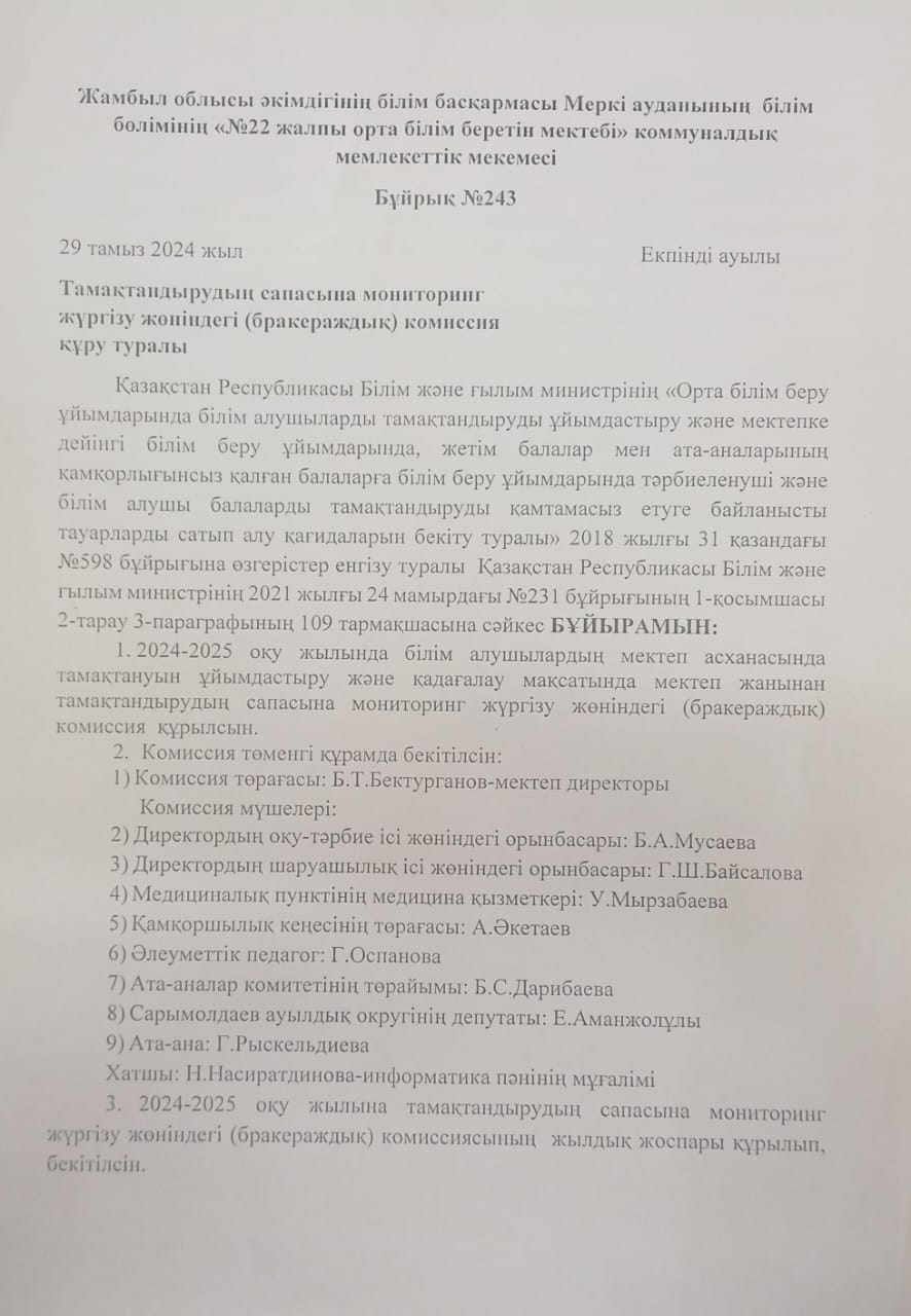 Тамақтандырудың сапасына мониторинг жүргізу жөніндегі (бракераждық ) комиссия құру