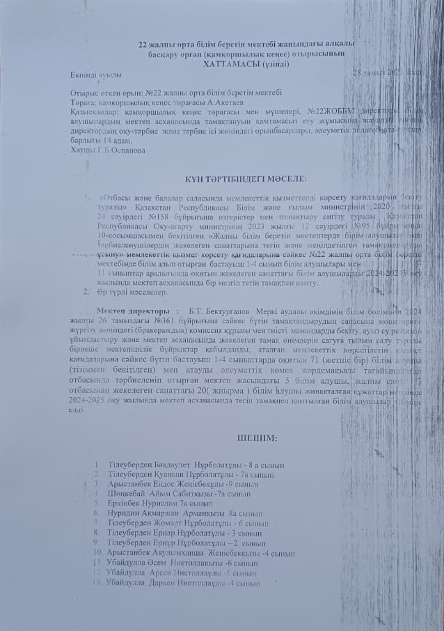 Санаттағы білім алушыларды ыстық тамақпен қамту. Қамқоршылық кеңес отырысы