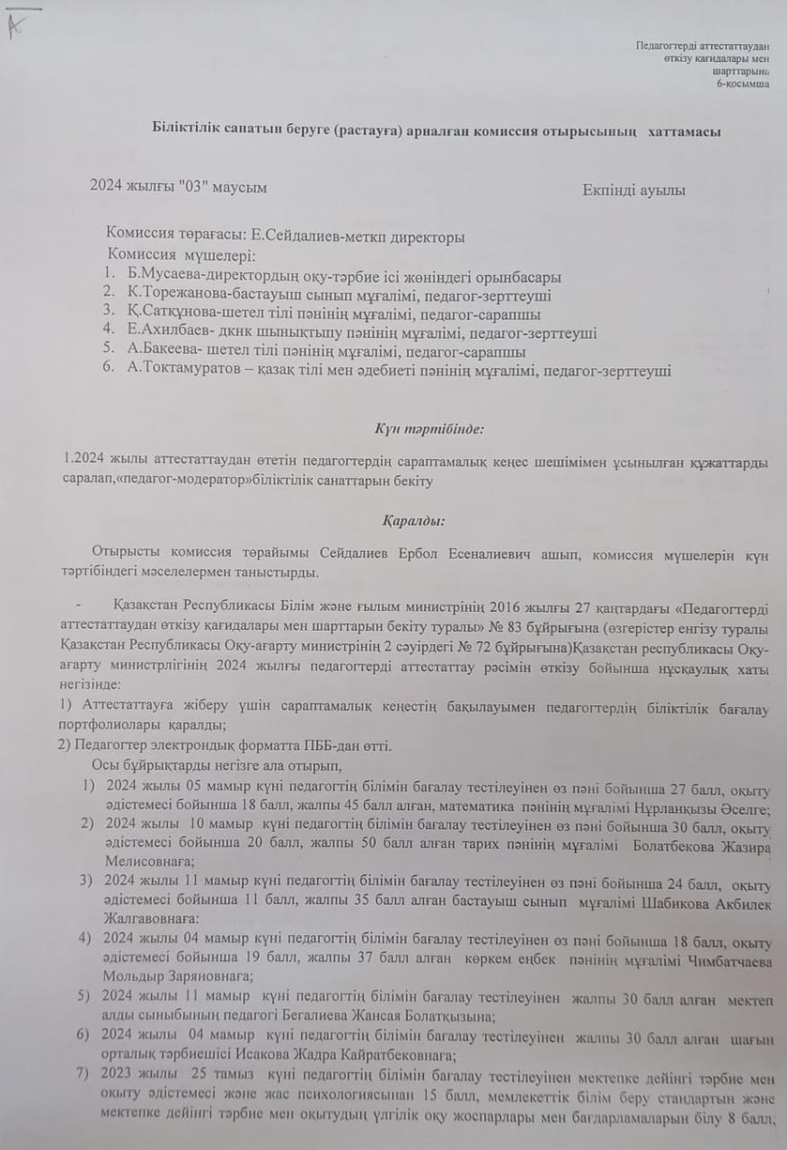 Біліктілік санатын беруге (растауға) арналған комиссия отырысының хаттамасы
