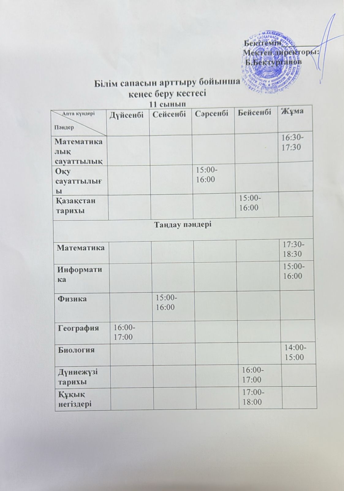Білім сапасын арттыру бойынша кеңес беру кестесі