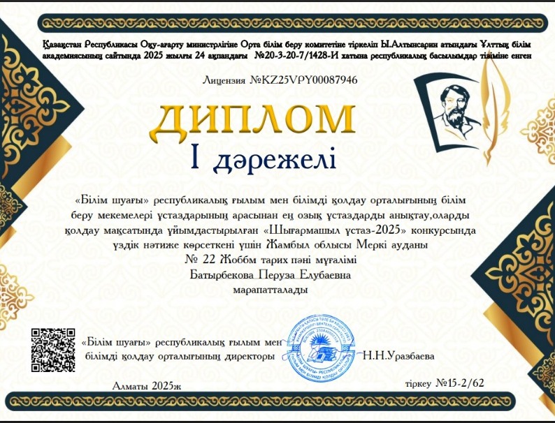 «Шығармашыл ұстаз-2025» конкурсында үздік нәтиже көрсеткені үшін Жамбыл облысы Меркі ауданы № 22 Жоббм тарих пәні мұғалімі Батырбекова Перуза Елубаевна марапатталады!